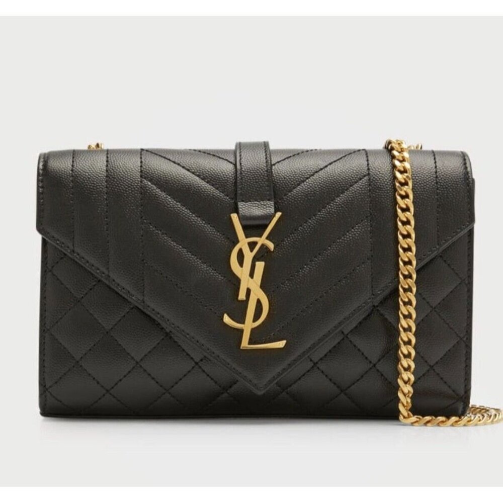 AUTHENTIC YSL SAINT LAURANT ENVELOPE SMALL IN QUILTED GRAIN EMBOSSED LEATHER - Picture 1 of 12